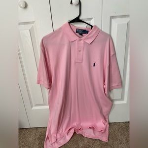 Men’s Ralph Lauren Polo size large, gently worn. Pink with blue horse.